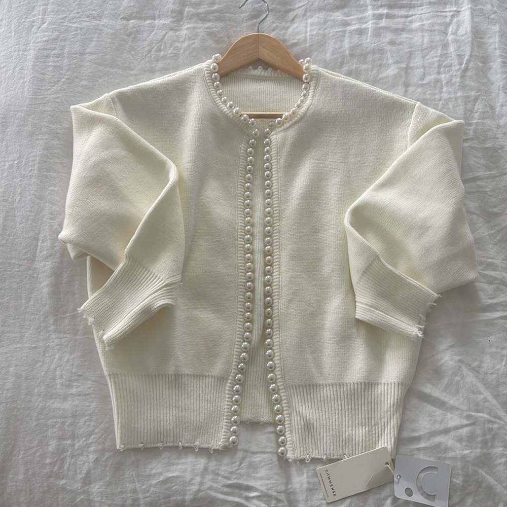NWT Commense Cream Pearl Trimmed Sweater